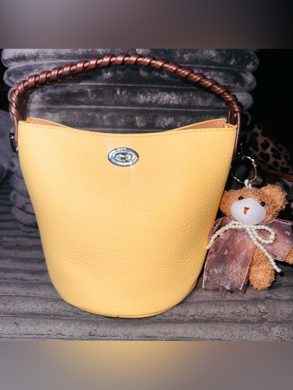 Purse!! Bucket Bag w/ Brown braided top handle-long strap & sm bag inside- NEW